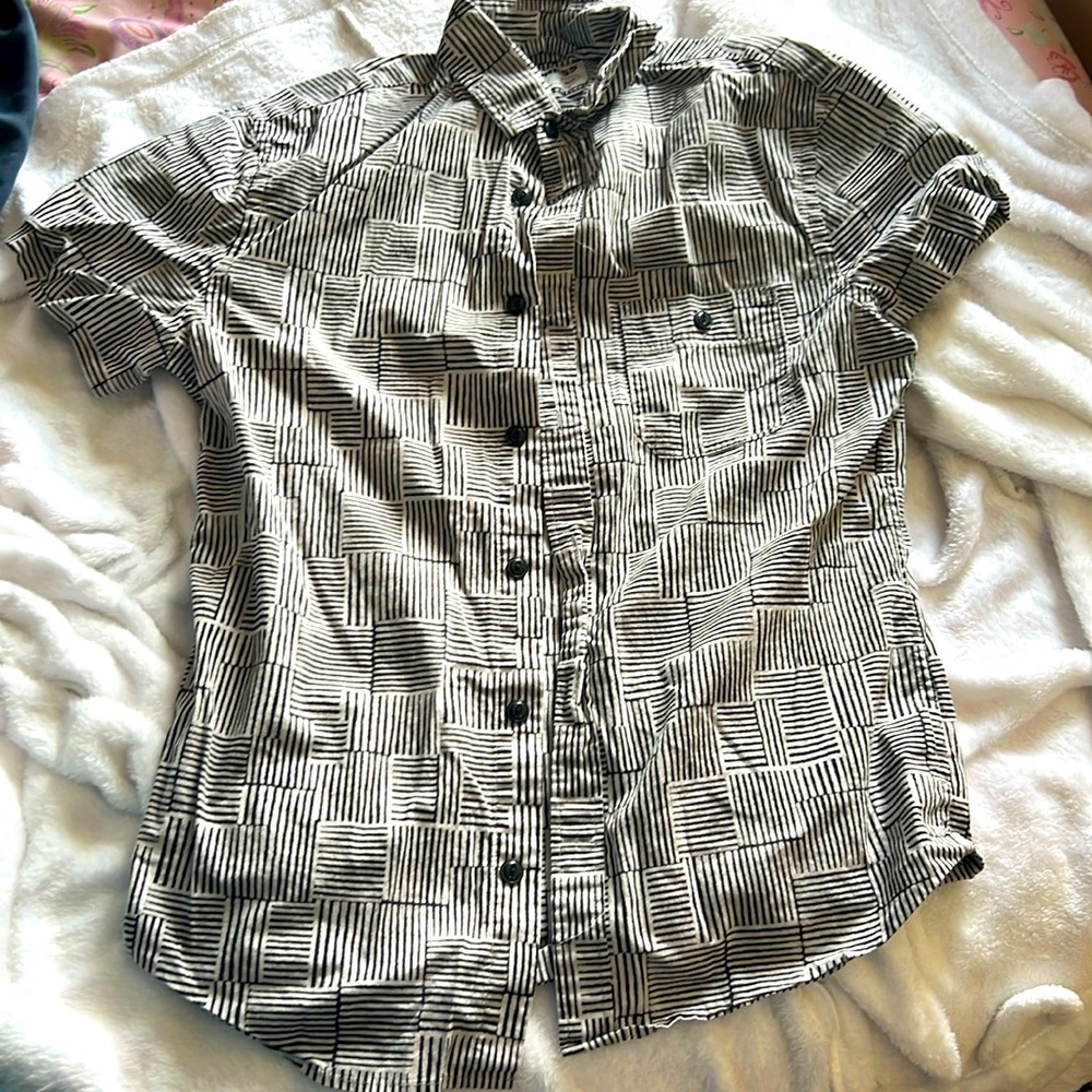 Express Extra Slim button-down, black, white patterned shirt